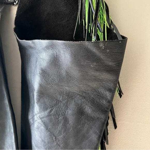 Black Leather Chaps with Green Fringe and Rhinestone Embellishments - Picture 15 of 16